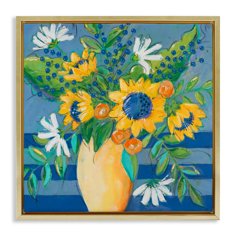 Éclats floraux parmi le cadre flottant bleu, design par Krinlox, H 25 po x l 25 po, Cadre flottant métallique doré