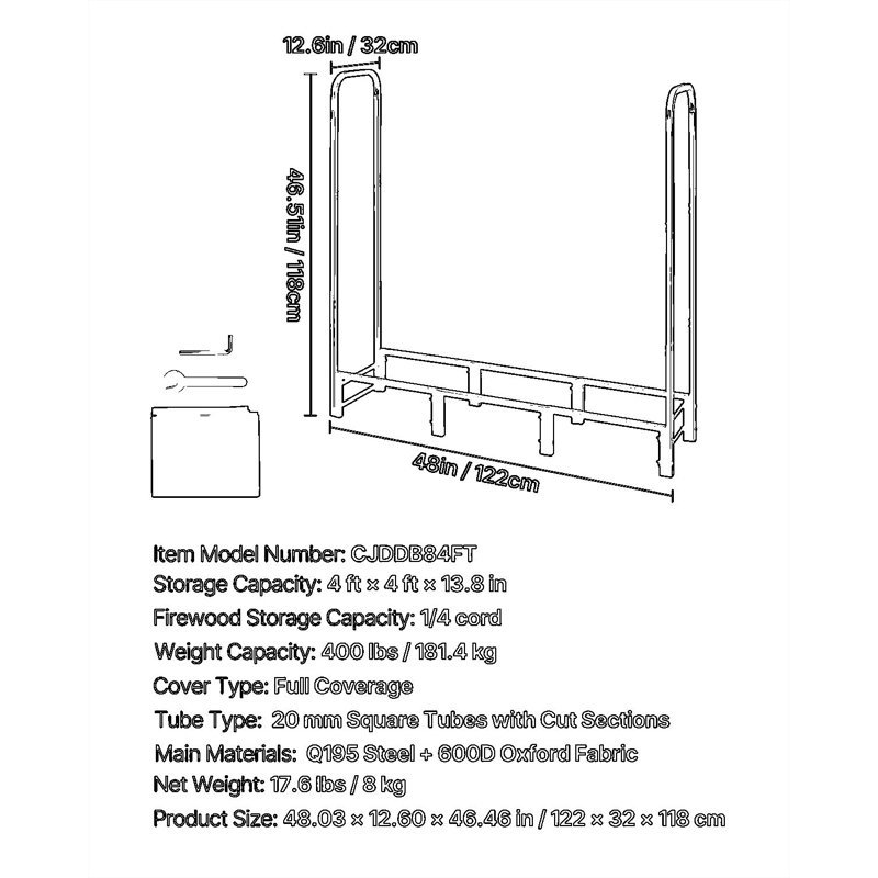 Support à bois de chauffage robuste avec couvercle imperméable, support à bûches d'extérieur de 4 pi, support de rangement en bois métallique d'une capacité de 1/4 de cordon avec cadre en acier thermolaqué et enceinte complète