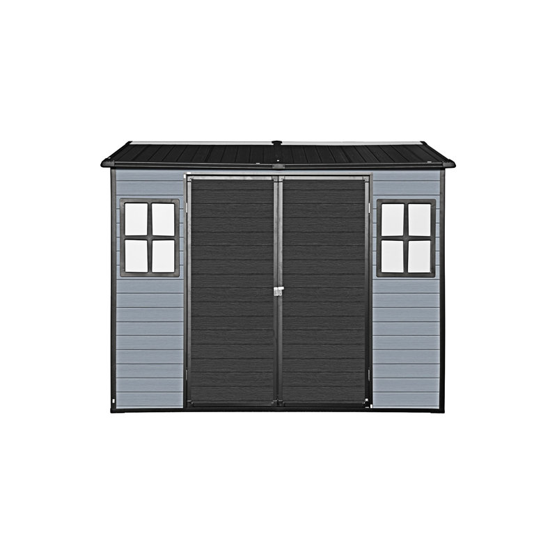 Abri de jardin extérieur en résine avec plancher et 2 fenêtres, Noir/gris