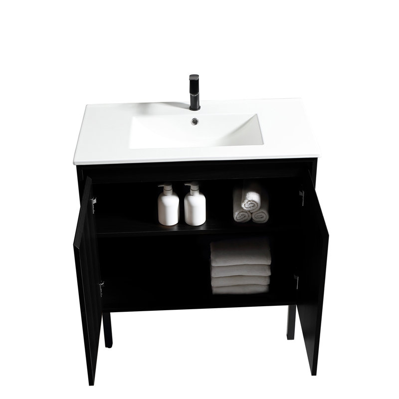 Bathroom Vanity Cabinet with Sink  Wall Mounted Bathroom Vanities with Ceramic Sink Floating Fluted Sink Vanity with Drawers,Modern,