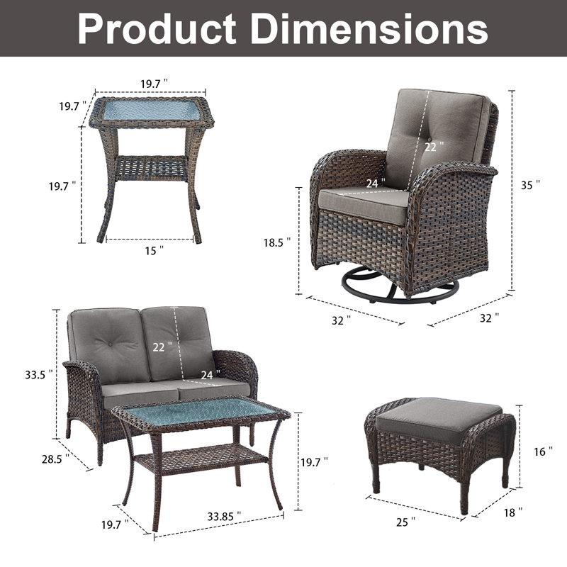 Gaetanino 7-Pieces Outdoor Conversation Set with Swivel Rocking Chairs and Cushions, Gray