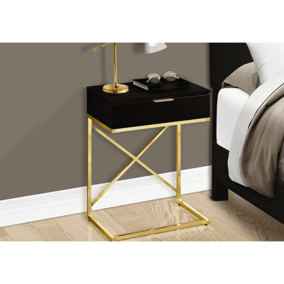Table d'appoint de salon moderne avec tiroir - finition brune, structure contemporaine en métal doré pour compartiment de rangement, surface chaude, design