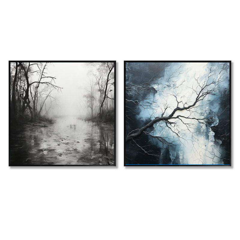 «Enchanted Foggy Woods River», ensemble de 2 collages carrés à Forest River, Cadre flottant noir, H 16 po x l 33 po