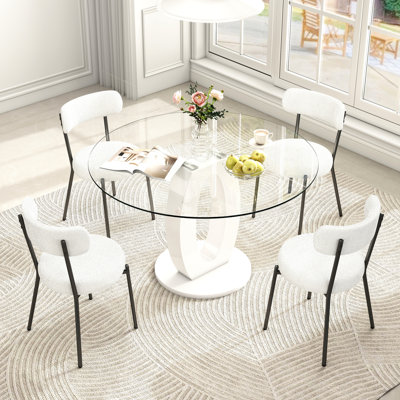 47''High Gloss Round Pedestal Dining Table Set