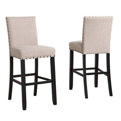Biony Fabric Bar Stools with Nailhead Trim, Set of 2, Blue Linen and Cotton Upholstery, Sturdy Hardwood Frame, Elegant and Durable
