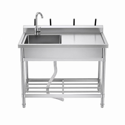 Évier utilitaire autoportant en acier inoxydable 304 de 39 pouces avec robinet, tuyaux chauds et froids, support de rangement et pieds réglables pour la cuisine