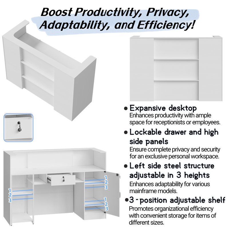 Reception Desk with LED Lights, Counter Table for Checkout, Lobby, Salon, Retail, Store, Clinic, and Office