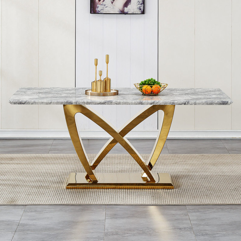 Marble Dining Table For 6 People, Rectangle Faux Marble Dining Table With Mirrored Finish Stainless Steel Base, Modern Large Size Marble Kitchen Table(Only Table)