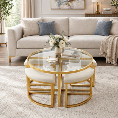 Modern Round Coffee Table Set With 4 Nesting Stools