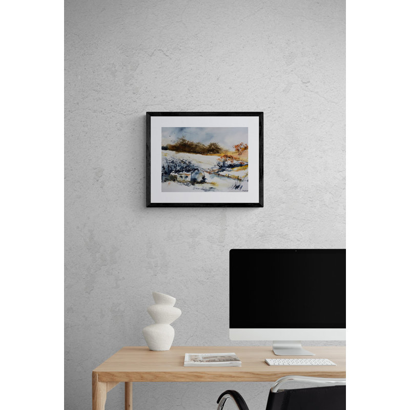 A Few Houses In Winter Print by Pol Ledent, 24" H x 32" W, Black Framed Canvas