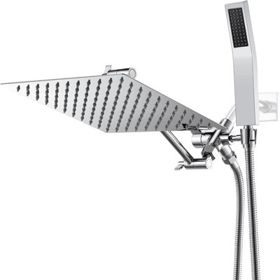 Pomme de douche à main de 10 pouces (tout en métal), pomme de douche double haute pression avec bras d'extension réglable, tuyau flexible de 60 pouces et inverseur à 3 voies - hauteur / angle réglable