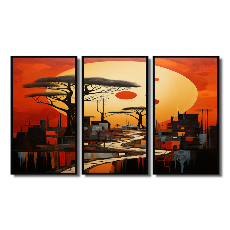 Ensemble de salon mural Grasston - Paysage abstrait, Cadre flottant noir, H 32 po x l 48 po x P 1 po