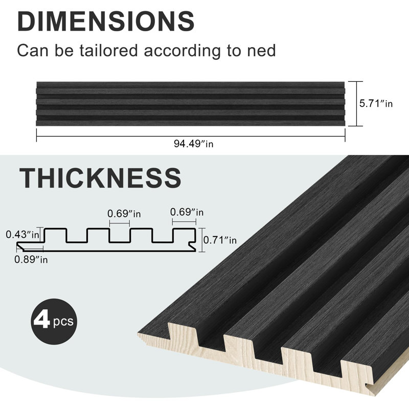 4 Pack 94.5 In. X 5.7 In. Solid Wood Wall Panelling For Interior Wall Decor, Acoustic Wood Slat Wall Panelling, Black