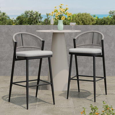 Outdoor 30.25" Seat Height Metal Frame Barstools With PE Rattan Scallop-Shaped Backrest, Set Of 2, Matte Black
