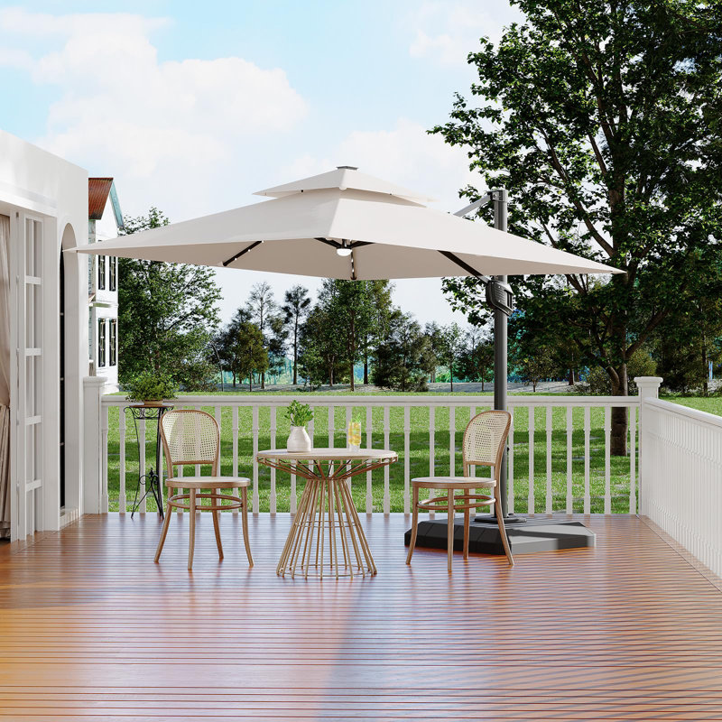 Parasol en porte-à-faux 10 x 10 pi avec lumières solaires, parasol décalé rotatif à 360 ° avec base, plateau carré résistant aux rayons UV