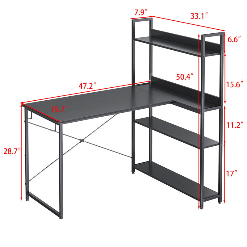 47 Inch Reversible L Shaped Desk with Bookshelf, Black