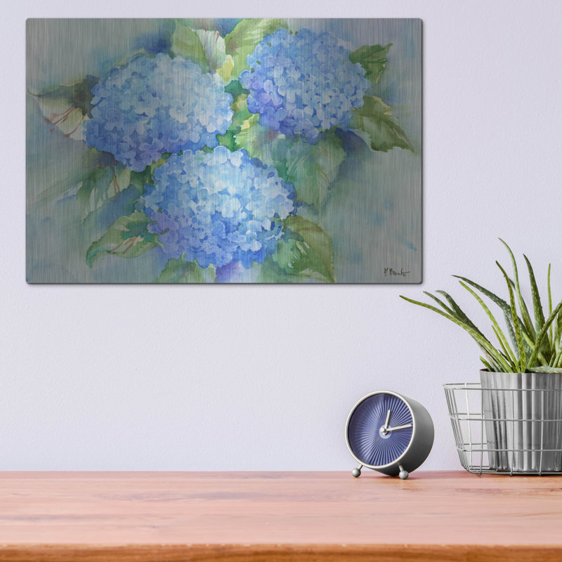 «Sky Blue Hydrangea» par Paul Brent, art mural en métal, 24 po x 16 po, H 12 po x l 16 po 