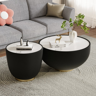 Modern Nesting Coffee Table Set of 2, 29.53" Coffee Table and 19.69" End Table with Faux Marble Top & PU Leather Metal Base, Small Bowl-Shape Round Ce