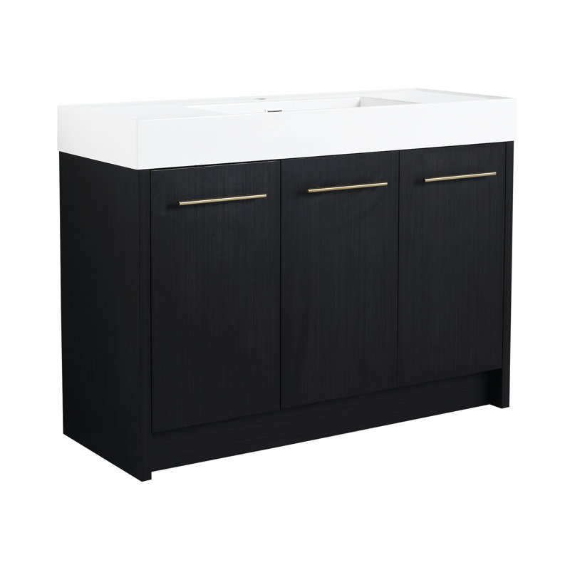 Meuble-lavabo de 48 po avec lavabo en résine, porte Calmly, élément moderne, pièce de salon en châtaignier noir, dispositif autoportant en contreplaqué