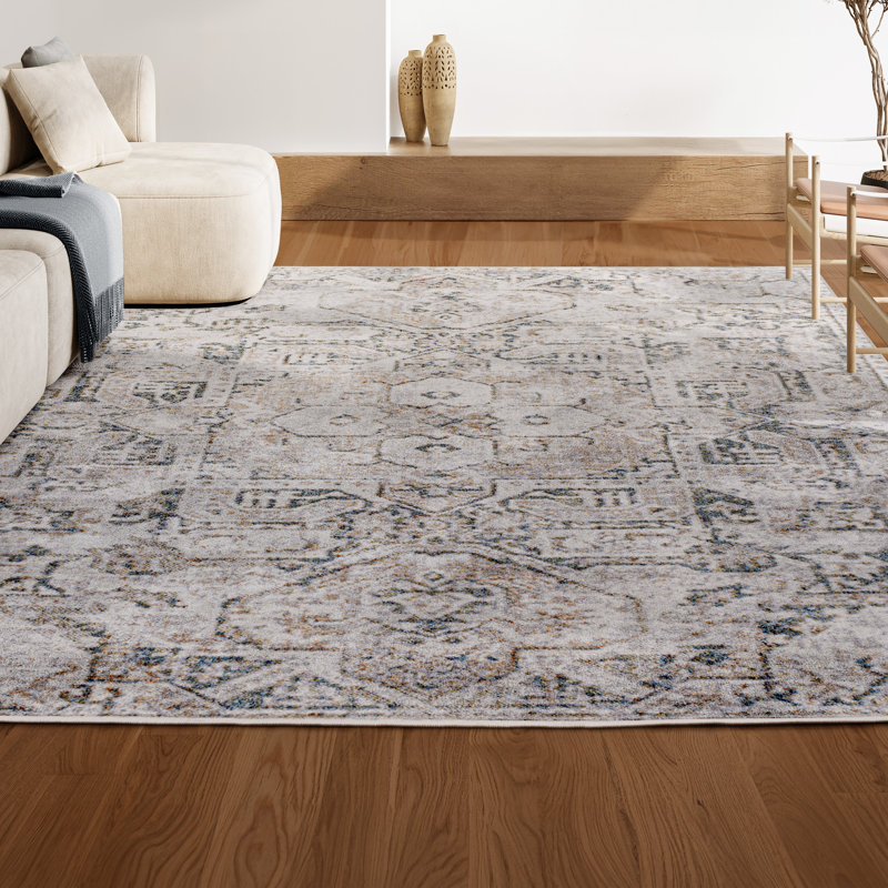 Edith Distressed Medallion Low-Pile Machine-Washable Cream/Light Gray Rug, Rectangle 7'10" x 10'