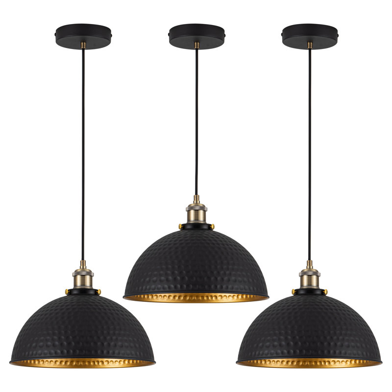  Ensemble de luminaire suspendu en forme de dôme noir et doré 11,8 pouces pour îlot de cuisine, Paquet de 3, Black