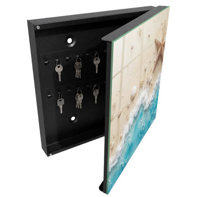 Decorative key box for wall, Opens to the left, 30x30x5, Black, A beach composition with shells and the blue of the sea, 