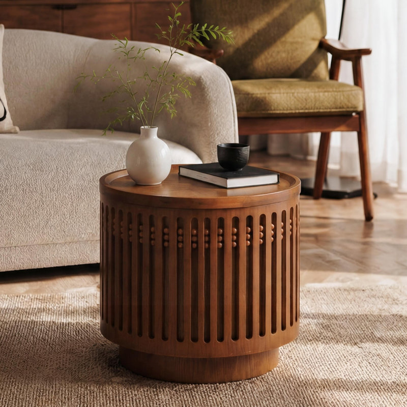 Table d'appoint ronde en bois avec motif en treillis et rangement caché