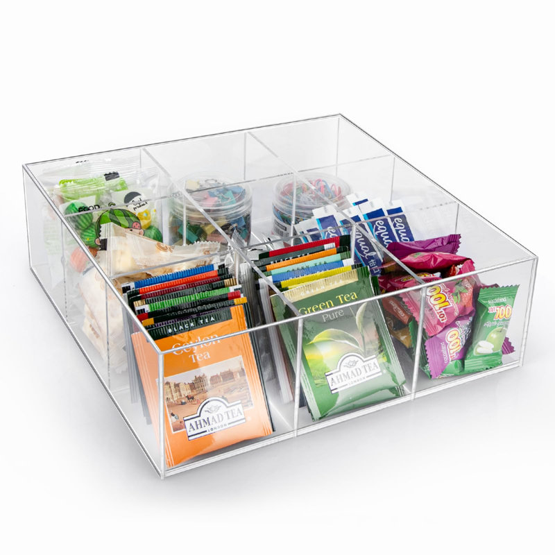 Clear Condiment Organizer And Tea Bag Holder, Acrylic Stash Box 9-Slot Clear Organizer With Lid For Snack Multi-Functional Tea Bag, Sugar Packet, Coffee Container Caddy Box