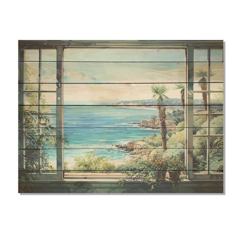 Seaside Tropical View II - Fenêtres côtières sur bois, H 10 po x l 20 po