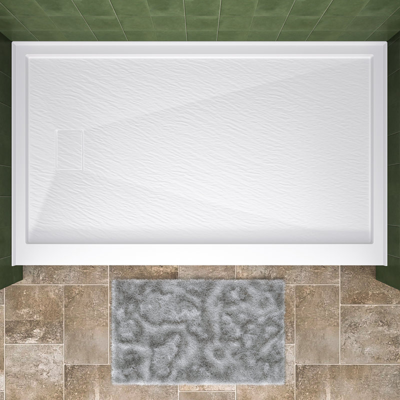 60" x 36" Solid Surface Single Threshold Shower Pan Base - Non-Slip Design, Drain Assembly & Cover Included, Left