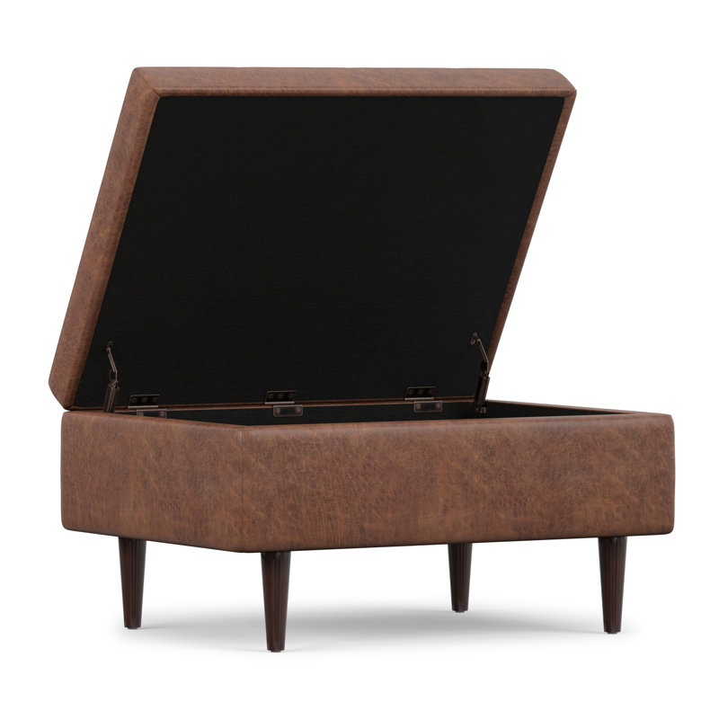 Petit repose-pieds avec rangement Shay en cuir végétalien Mid-Century, Simili cuir brun délavé