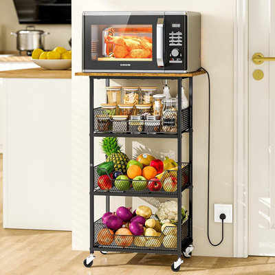 Chariot à micro-ondes à 4 niveaux avec paniers à fruits, tablette de rangement sur roulettes pour la cuisine, support de rangement polyvalent pour garde-manger, salon et maison
