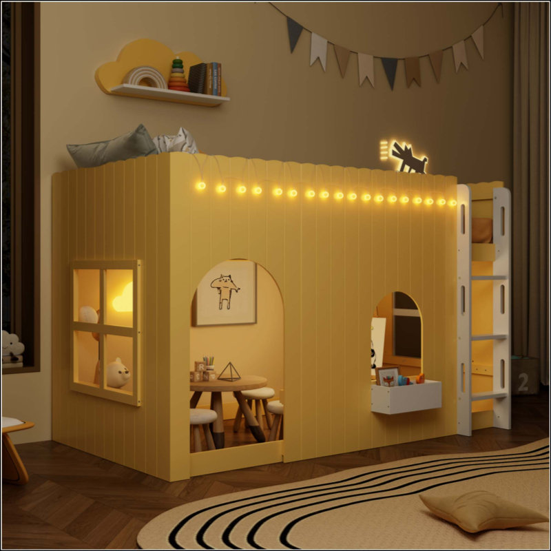 Lit mezzanine pour enfants avec lumière DEL chaude, Twin, Yellow
