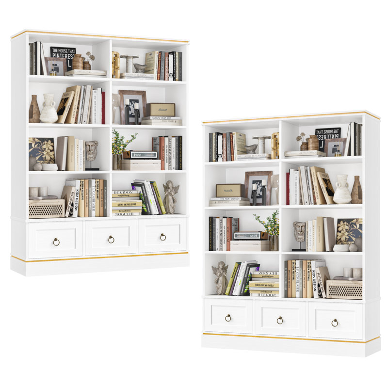 📚 2-Pack 5-Tier Bookcase Set With Drawers, Double Storage Shelf With 6 Drawers & 16 Open Cubes, Modern Freestanding Bookcase For Living Room Office Bedroom