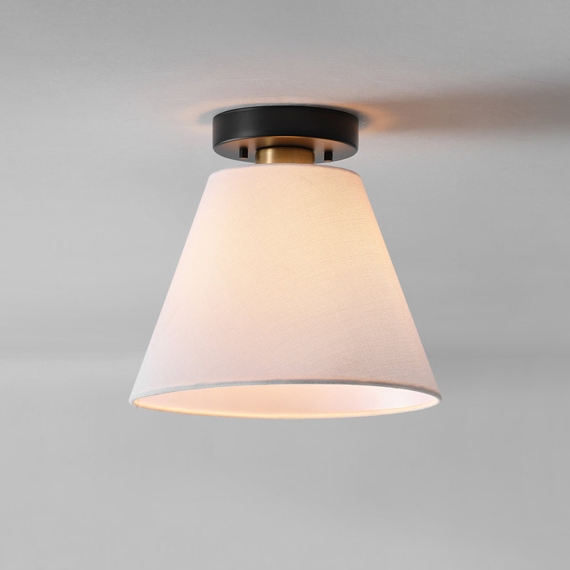 1-Light Semi-Flush Mount Ceiling Light, Matte Black, Matte Brass Accent, White Linen Shade, Home Improvement, Dining Room, Kitchen