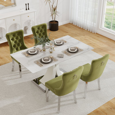 Ensemble de table de salle à manger rectangulaire en verre trempé, table de salle à manger de luxe avec chaise de salle à manger en velours capitonné