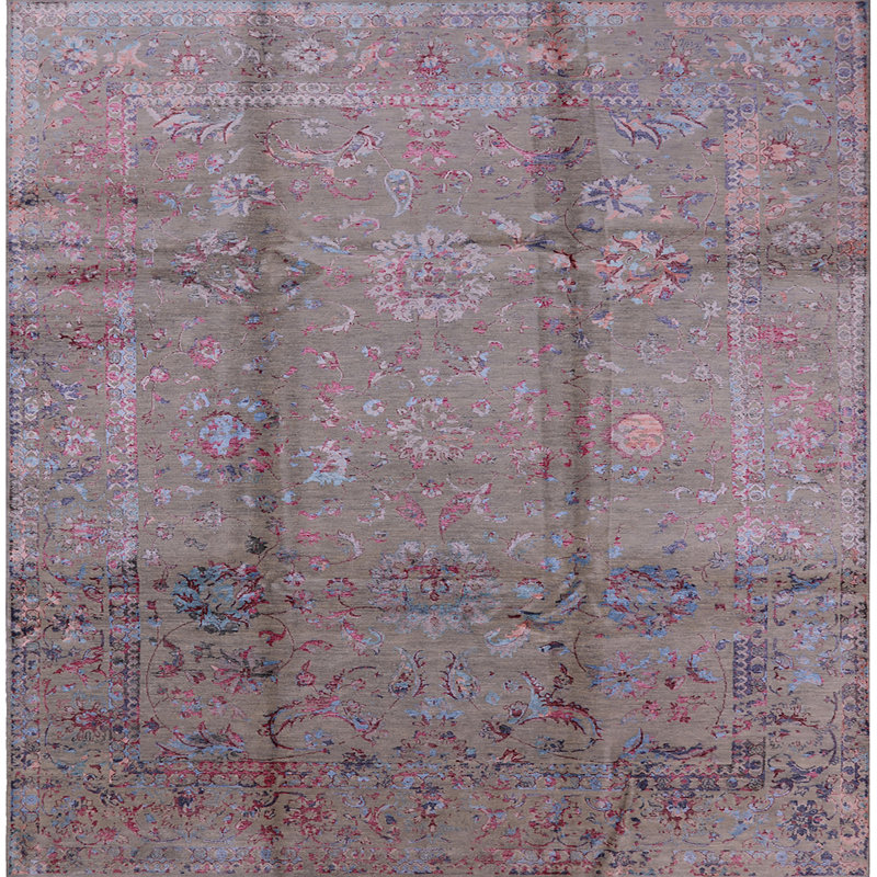 Tapis oriental gris / rose / bleu, Carré 6 pi