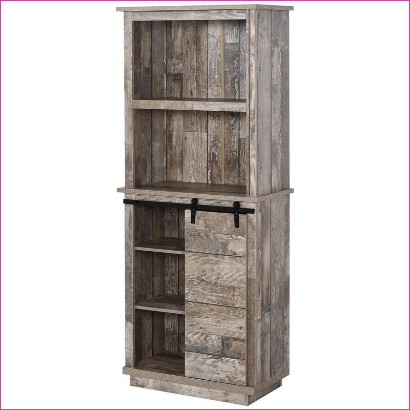 Buffet de cuisine avec huche | Ferme rustique | Porte de grange coulissante, tablettes réglables | Panneau de fibres à densité moyenne | L 26 po x P 13,5 po x H 64,5 po