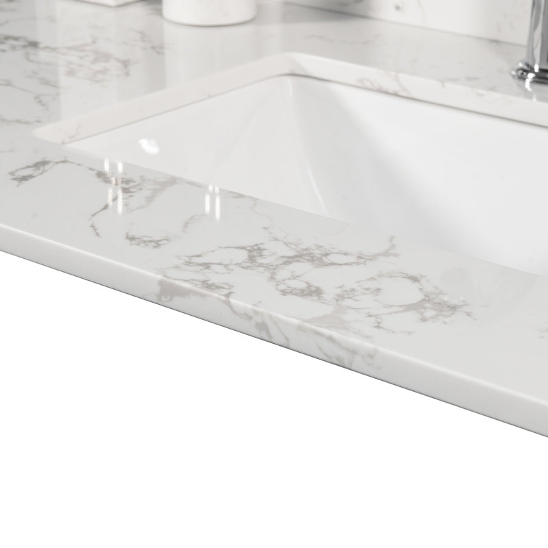 Dessus de meuble-lavabo de salle de bain 43 po x 22 po - Finition marbre blanc pierre d'ingénierie avec lavabo rectangulaire encastré en céramique et trou de robinet anti-éclaboussure arrière de couleur assortie, lavabo rectangulaire, éclaboussure, devoir