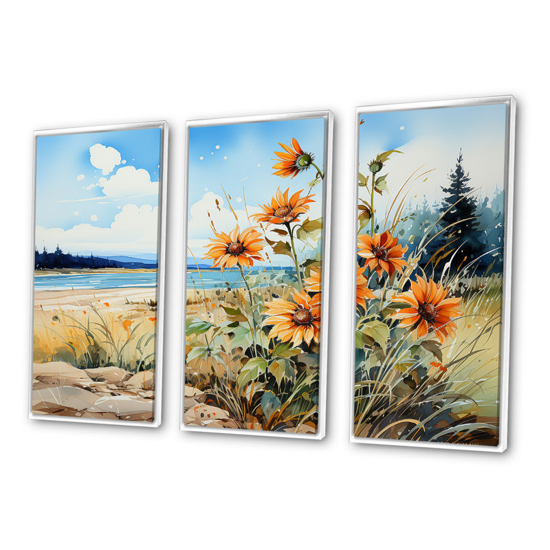 Tournesols sur la plage - ensemble de reproductions d'art mural tournesols, Cadre flottant blanc, H 28 po x l 36 po x P 1 po