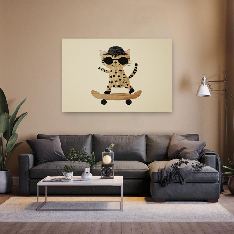 Cool Cat Skater Playful Retro Cat Wall Art Print 1 Piece Wrapped Canvas Wall Art, 101.6cm H x 152.4cm W
