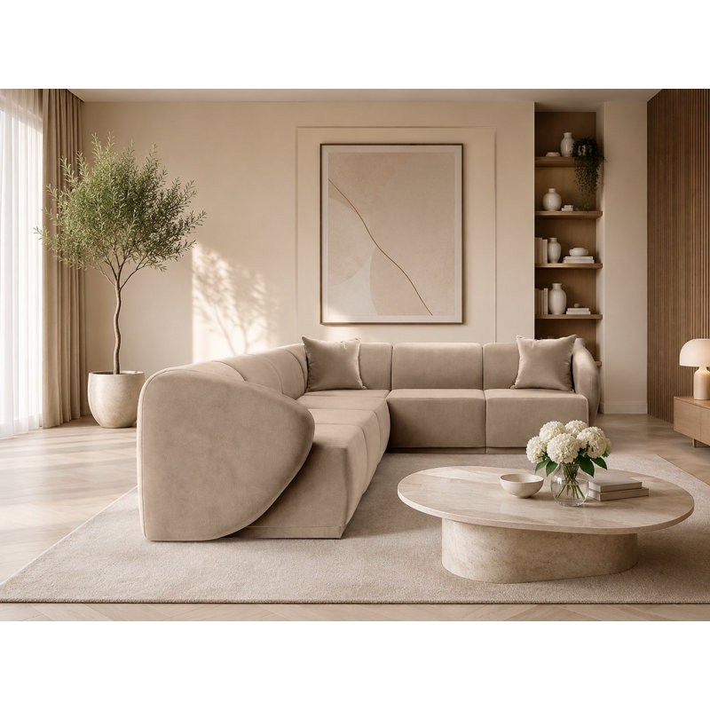 6 Seater Velvet Sofa & Chaise, Left Hand Facing, Warm Beige Velvet