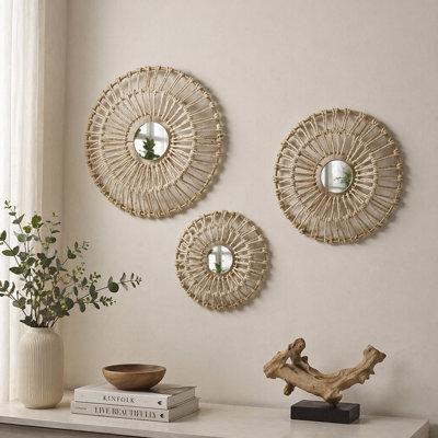 Ensemble de 3 décorations murales rondes en fibre naturelle et miroir