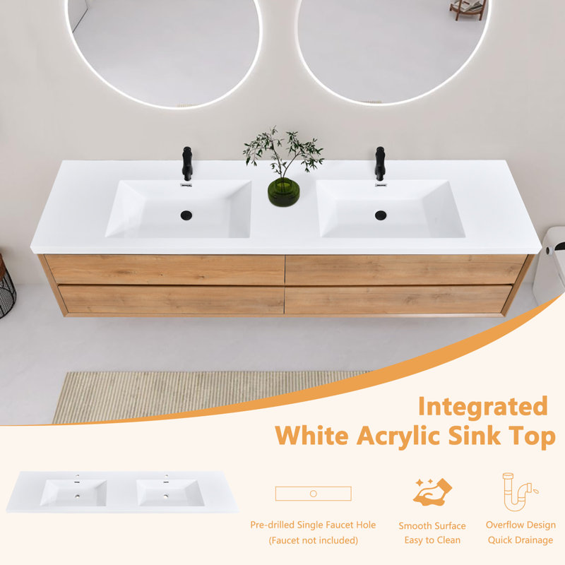 Solenne Wall Mounted Single Bathroom Vanity With Resin Top, 84"