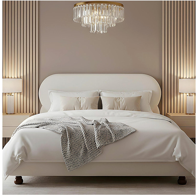 Lit tapissier crème avec pied en bois d'hévéa crème