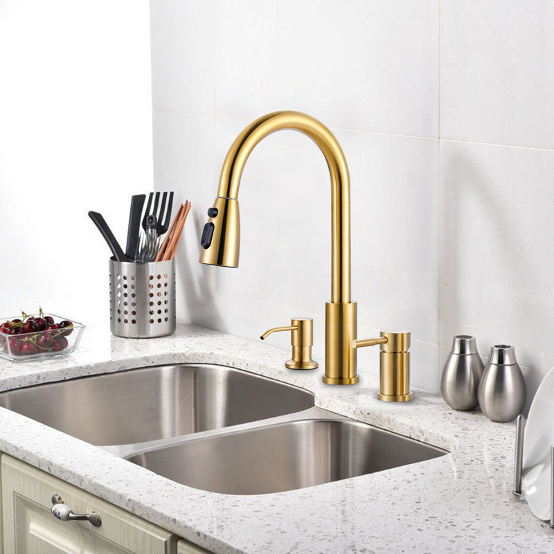 3-hole Pull Down Kitchen Faucet With Soap Dispenser And Unique Individual Handle, Brushed Gold