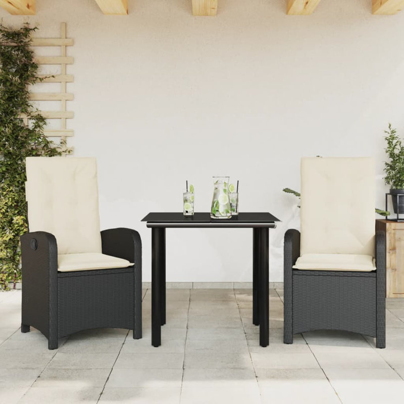 Ensemble repas 3 pièces avec coussins en rotin Red Barrel Studio®, H 29,1 po x l 31,5 po x P 31,5 po, Crème / Noir, 2