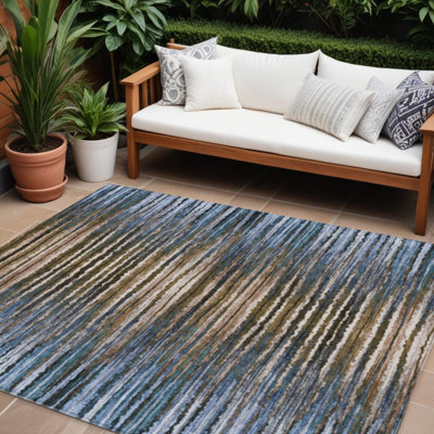 Tapis intérieur lavable rayé bleu brun et bleu ciel 9 pi x 12 pi