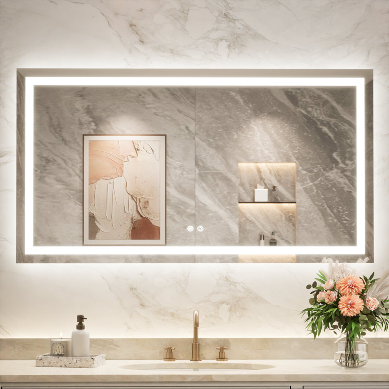 Miroir de meuble-lavabo à fixation murale avant et rétro-éclairé Cardier avec réglage en 3 couleurs, incassable, verre trempé
