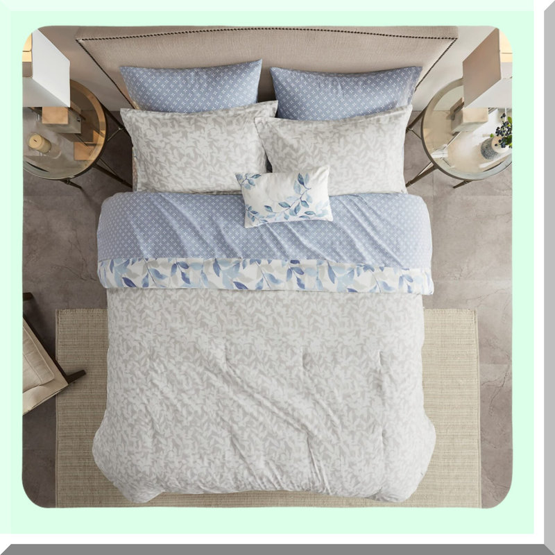 Botanical Bliss Reversible Comforter Set - Twin Size 6 Piece Bedding Bundle with Complete Sheet Set, Shams, and Decorative Pillow - All Season Cozy Cover in Modern Blue Print